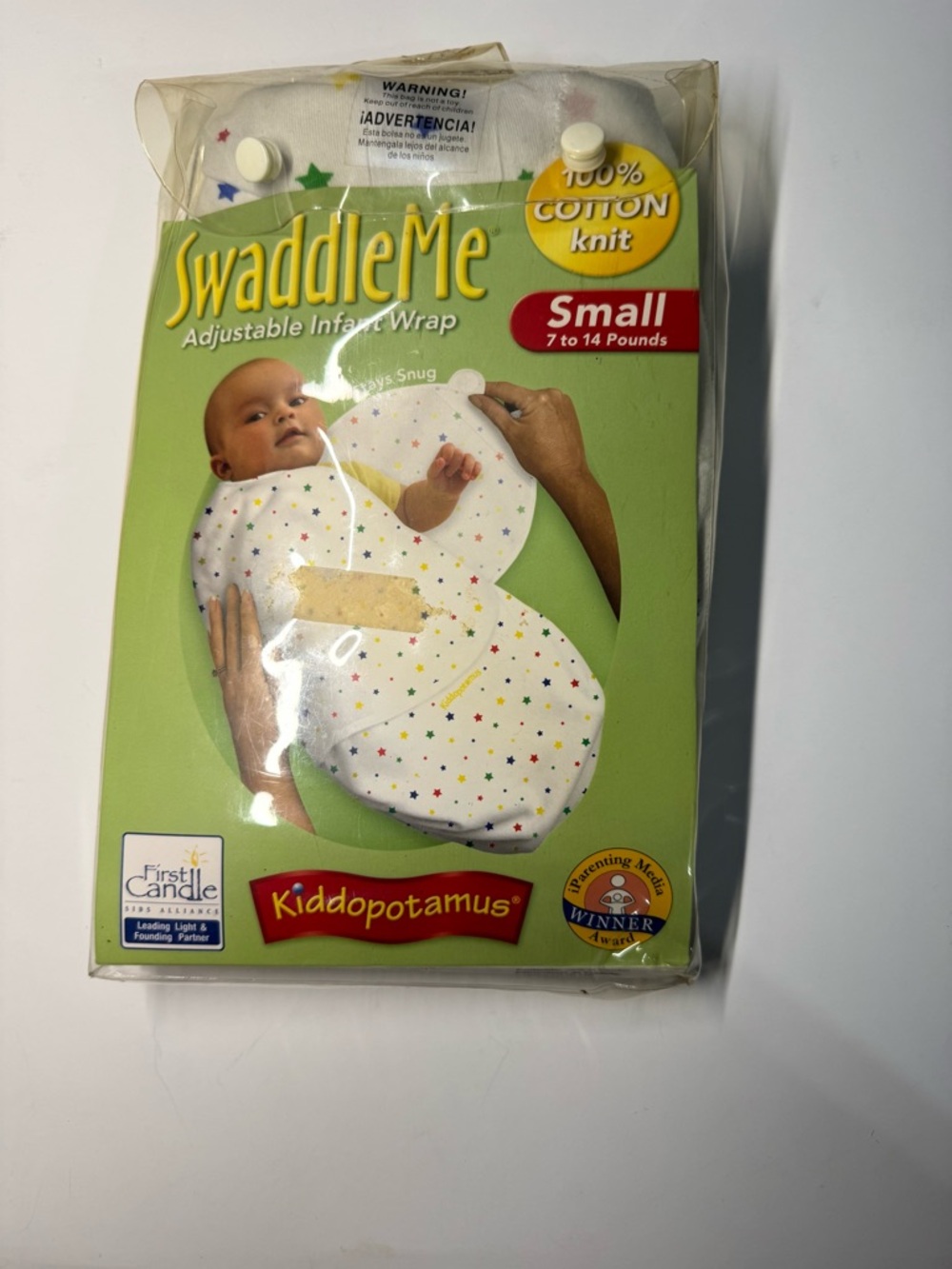 NWT Kiddopotamus Swaddle Me Small 7-14 Lbs Adjustable Infant Wrap White & Stars